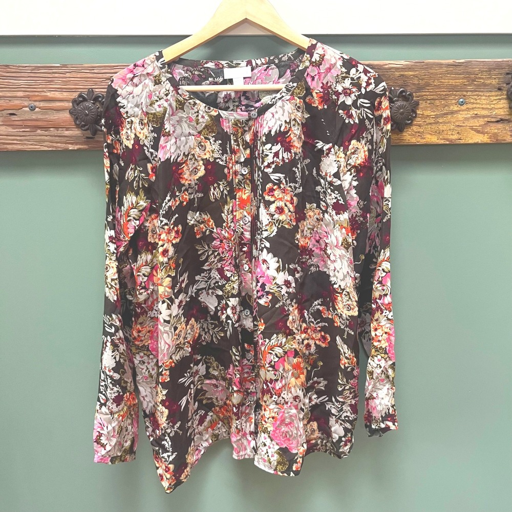 J. Jill Womens Floral Pintuck Pleat Blouse Black Multicolor Long Sleeve Rayon L